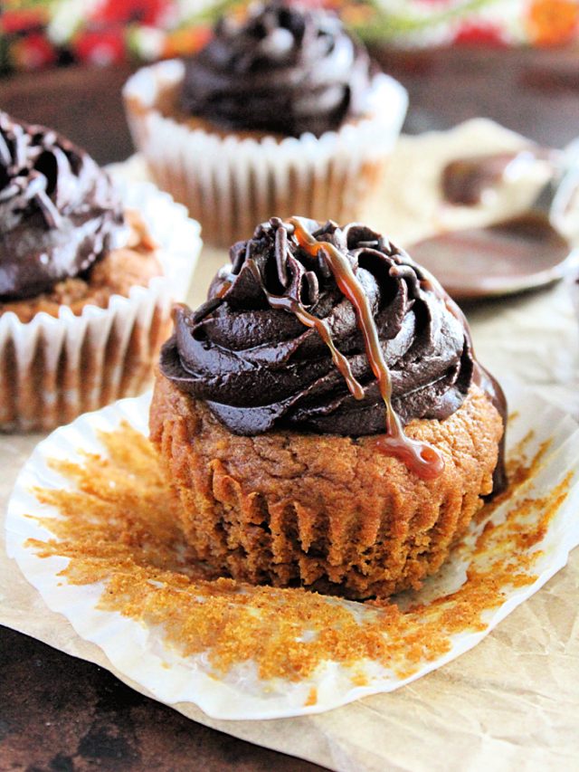 Caramel Filled Pumpkin Cupcakes with Chocolate Caramel Buttercream Frosting- Big Green House